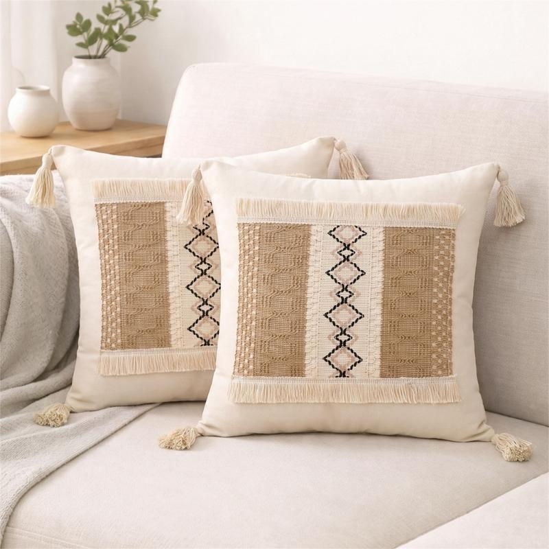 Tassels Throw Pillow Cover with Geometric Woven Texture, Neutral Farmhouse Cushion Cover for Living Room Bed Accent Decors
