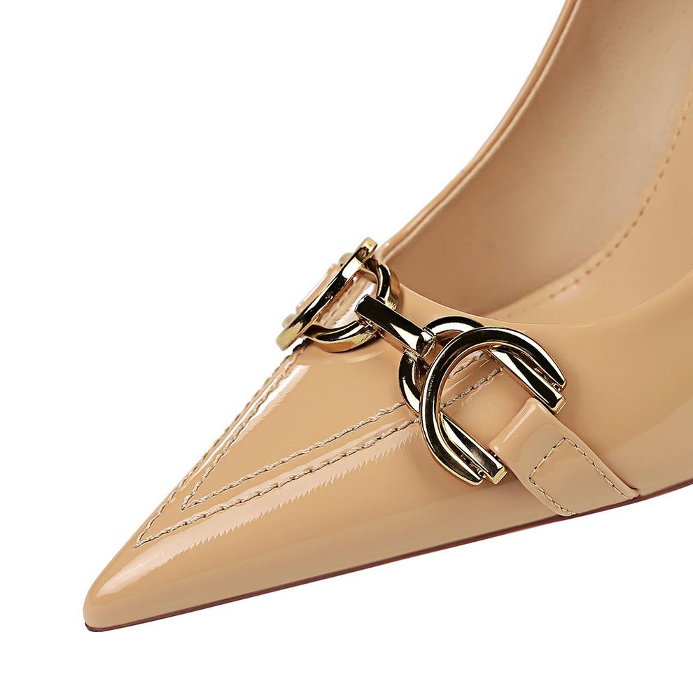 Red White Metal Buckle Wedding Shoes Women New Patent Leather Shallow High Heels Pumps Fashion Pointy Toe Party Shoes Woman
