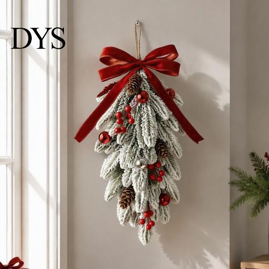 Retro Style Christmas Ornament Flocked Teardrop Swag for Front Door, Artificial Pine with Red Staircase Handrail Garland Berries Velvet Bow,