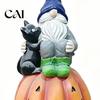 Halloween Gnome Decorations Outdoor Garden Statue, Resin On Pumpkin Figurine with Hand Painted Yard Decor Black Cat, Fall Autumn Dwarf Sculpture