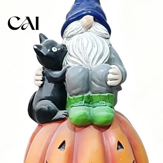 Halloween Gnome Decorations Outdoor Garden Statue, Resin On Pumpkin Figurine with Hand Painted Yard Decor Black Cat, Fall Autumn Dwarf Sculpture