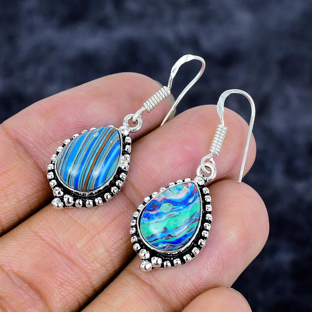 Rainbow Calsilica Gemstone 925 Sterling Silver Jewelry Earring 1.58" M-3359