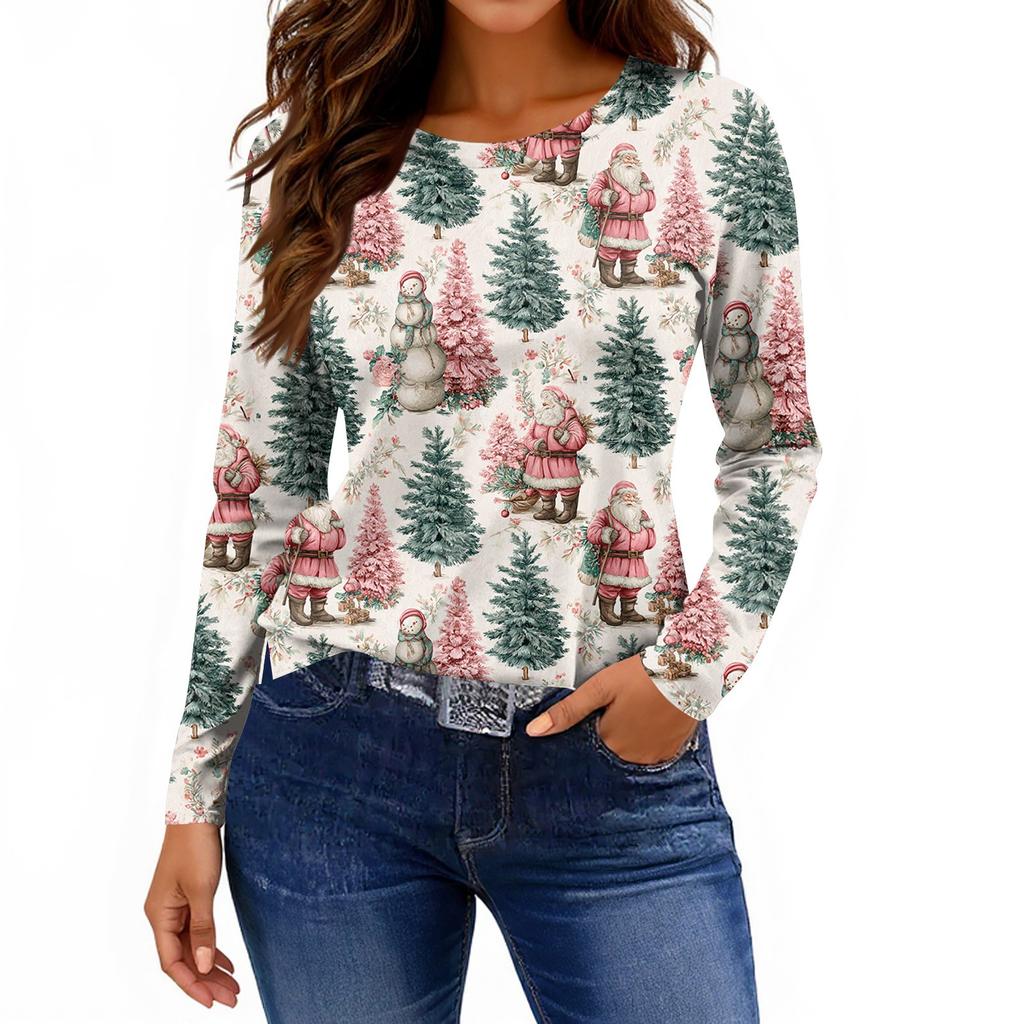 Жіноча модна повсякденна футболка з розрізом і круглим вирізом з довгим рукавом і принтом.