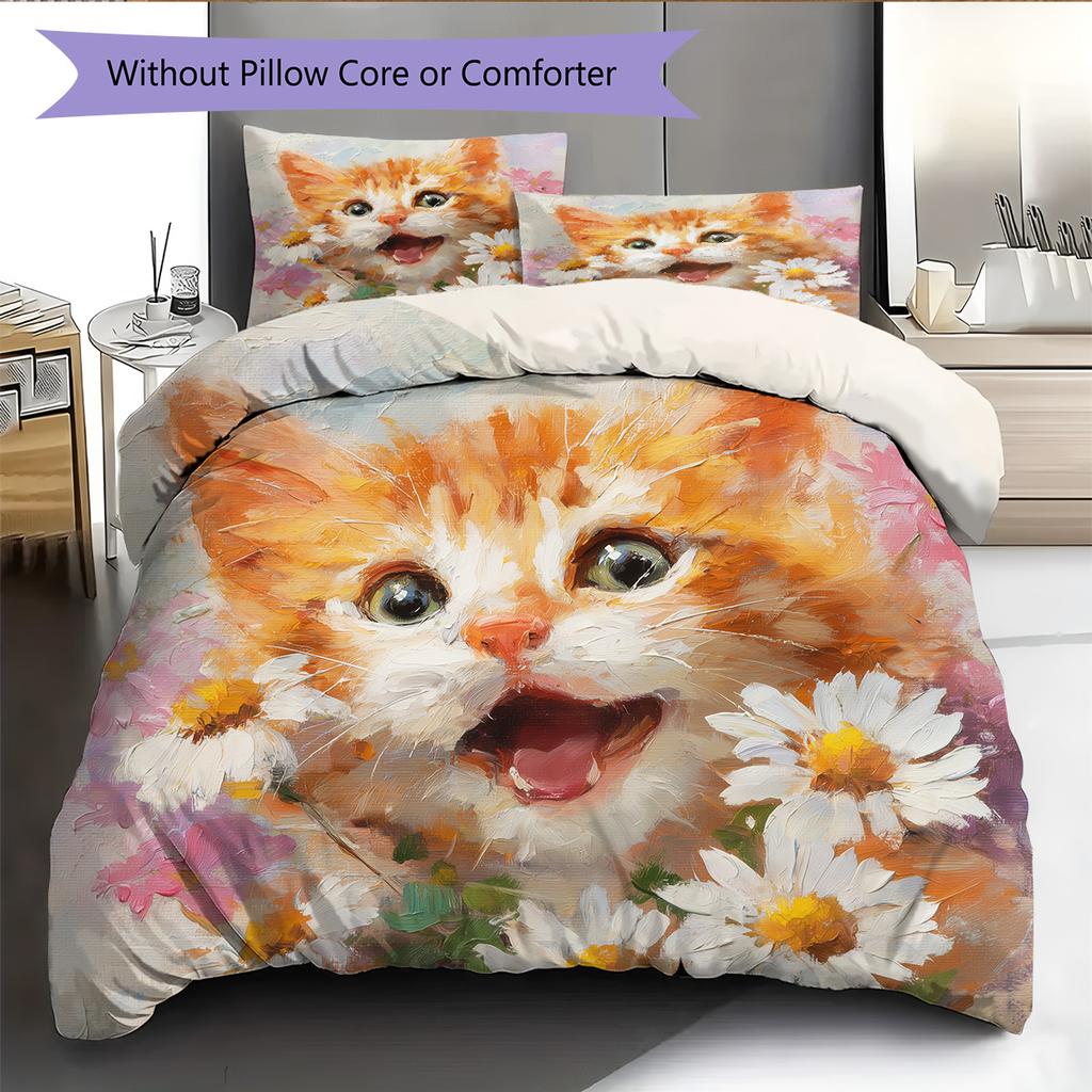 Cat Holding Flowers Pattern Bedding Quilt Set Home Decoration Gift (1 * Duvet Cover + 2 * Pillowcase, Without Core)