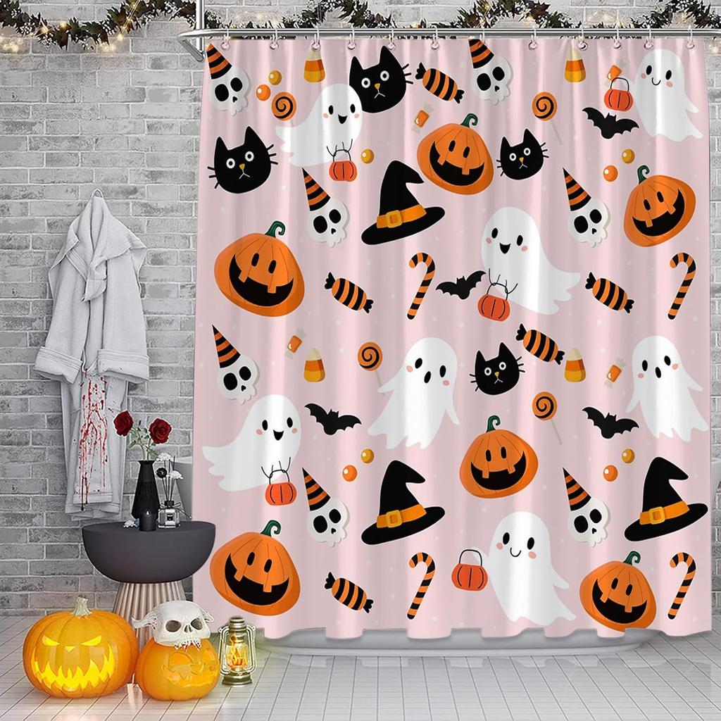 Halloween Shower Curtain Cute Ghost Pumpkins Cartoon Spooky Skull Gothic Fabric Decorative Bathroom Curtains with Hooks,Teal