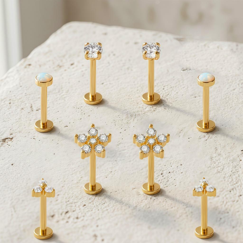 18G Stainless Steel Threadless Flat Back Stud Earrings Hypoallergenic CZ Cartilage Labret Piercing Jewelry for Women