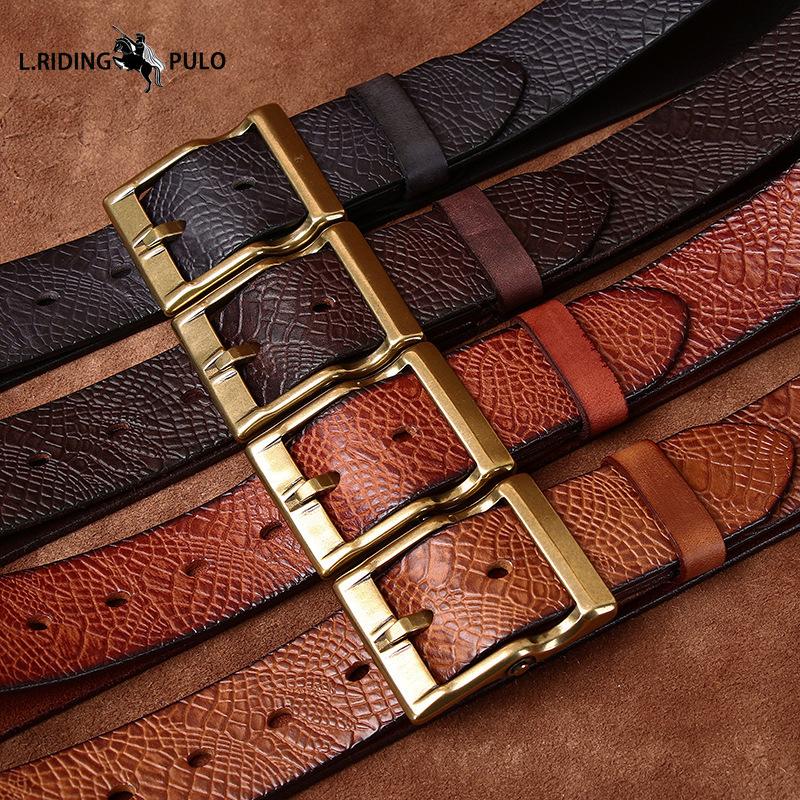 Retro Printed Genuine Leather Cowhide Copper Buckle Belt Trendy All-match Casual Jeans Belt