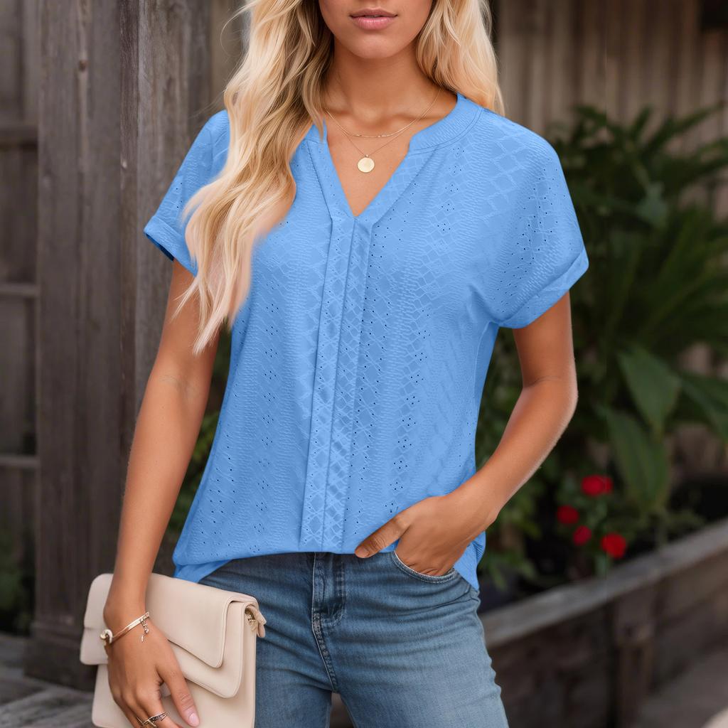 Womens Tops Short Sleeve V T-Shirt Blouse Dressy Causal Eyelet Embroidery Summer Fashion Clothes