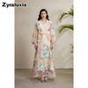 Damen Herbst-Maxikleid mit Blumenmuster, Laternenärmeln und Print-Details