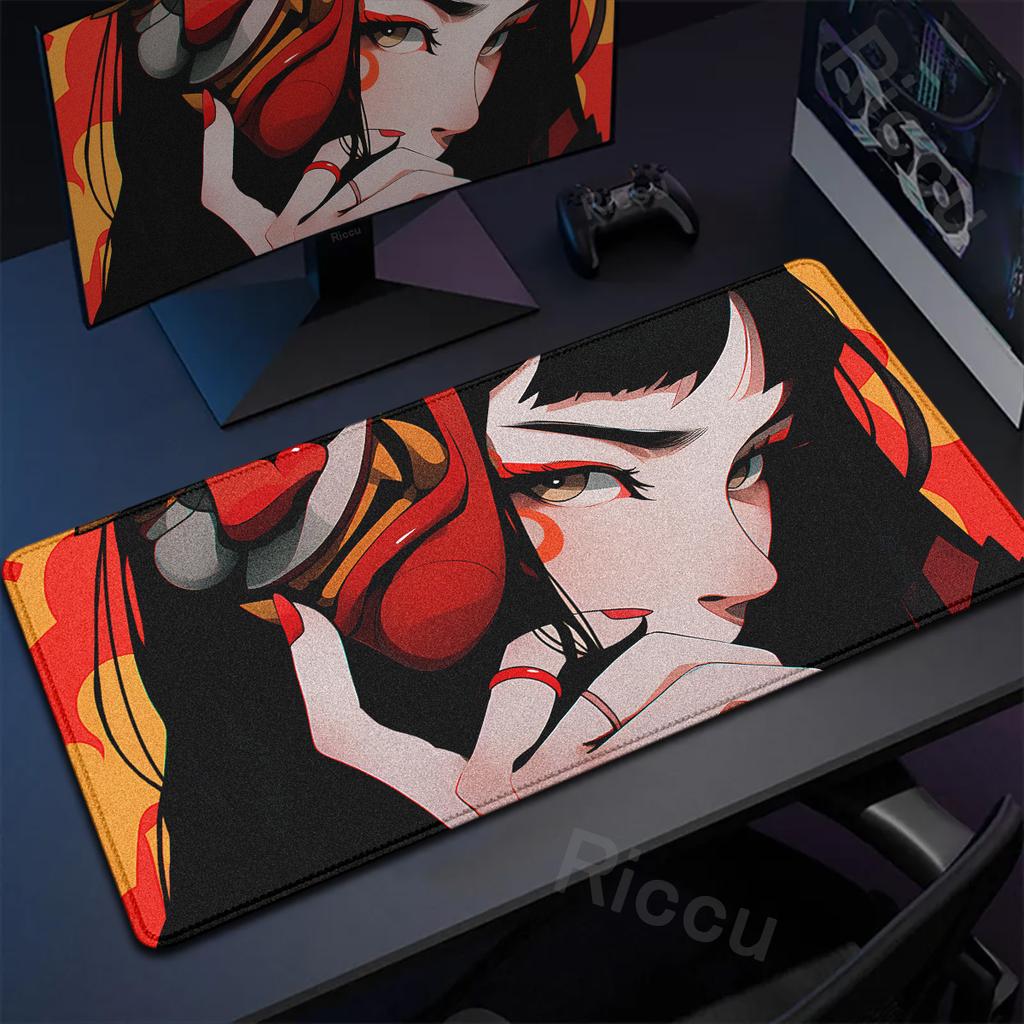 40x90cm Gaming Samurai Oni Mouse Pad Japan Mask Girl Deskmat Large Gamer Professional Premium Mousepad Speed Control Accessories