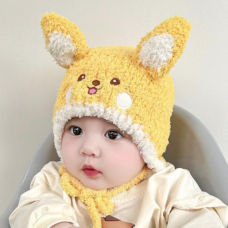 Cute Baby Knit Hat Winter Newborn Infant Warm Plush Hat Boys Girls Children Ear Protection Hat White
