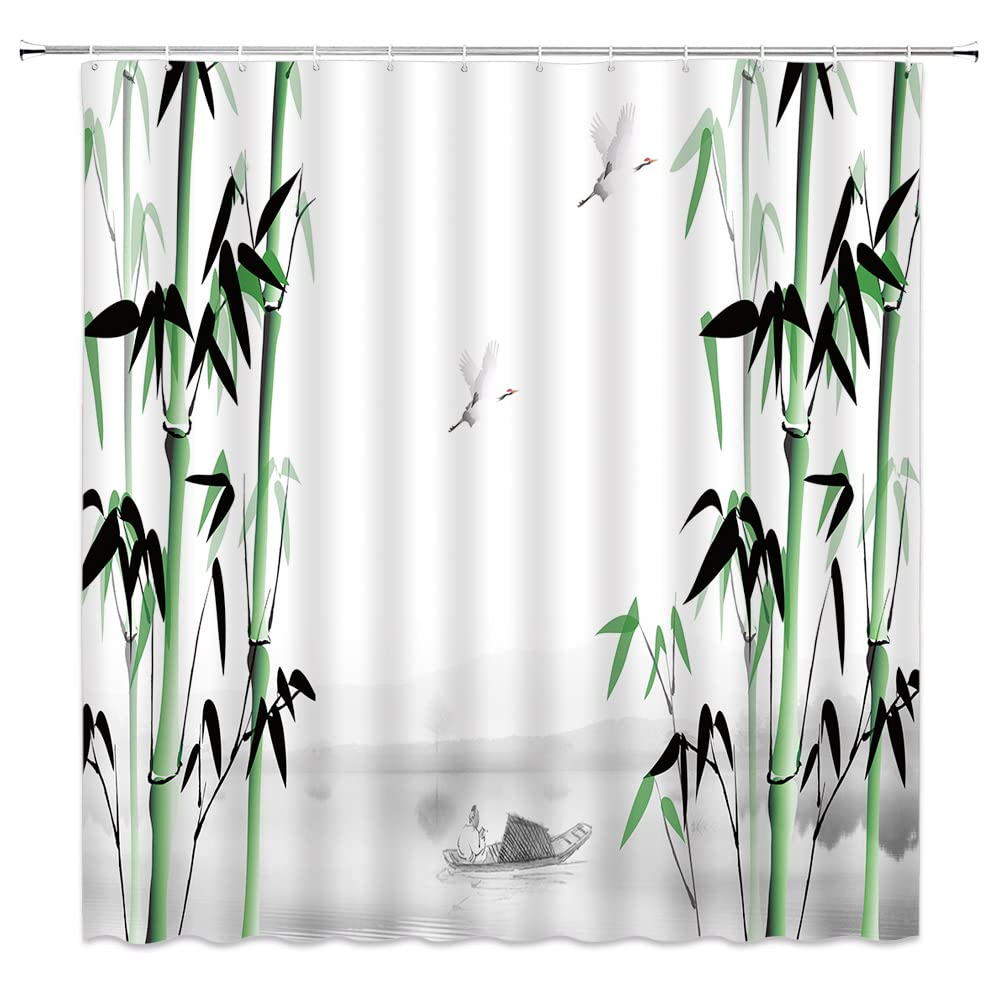 Landscape Shower Curtain Spring Season Pink Flower and Pavilion Scenery on Lake Chinese Style Bathroom Decor Hanging Curtain with Hooks