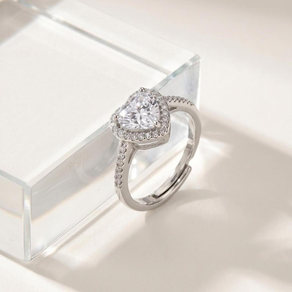 Heart Ring Adjustable for Women Zircon Love Shaped Open Ring Silver Color Romantic Promise Jewelry Gift
