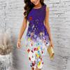 Women Plus Size Sleeveless Round Neck Midi Bodycon Dress White Base Blue Floral Print Slim Fit Dress