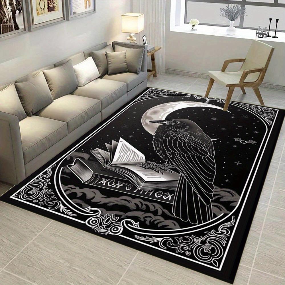 Gothic Raven and Moon Design Area Rug  Polyester Non-Slip Mat | Black & White Celestial Motifs | Ideal for Living Room, Be