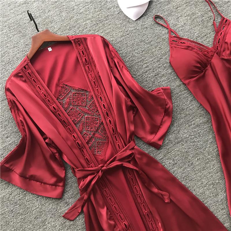MAITA Sexy Sling Pajamas In Spring, Women's Nightgown with Chest Pad, Ice Silk Long-sleeved Pajamas, Two-piece Suit, Home Clothes