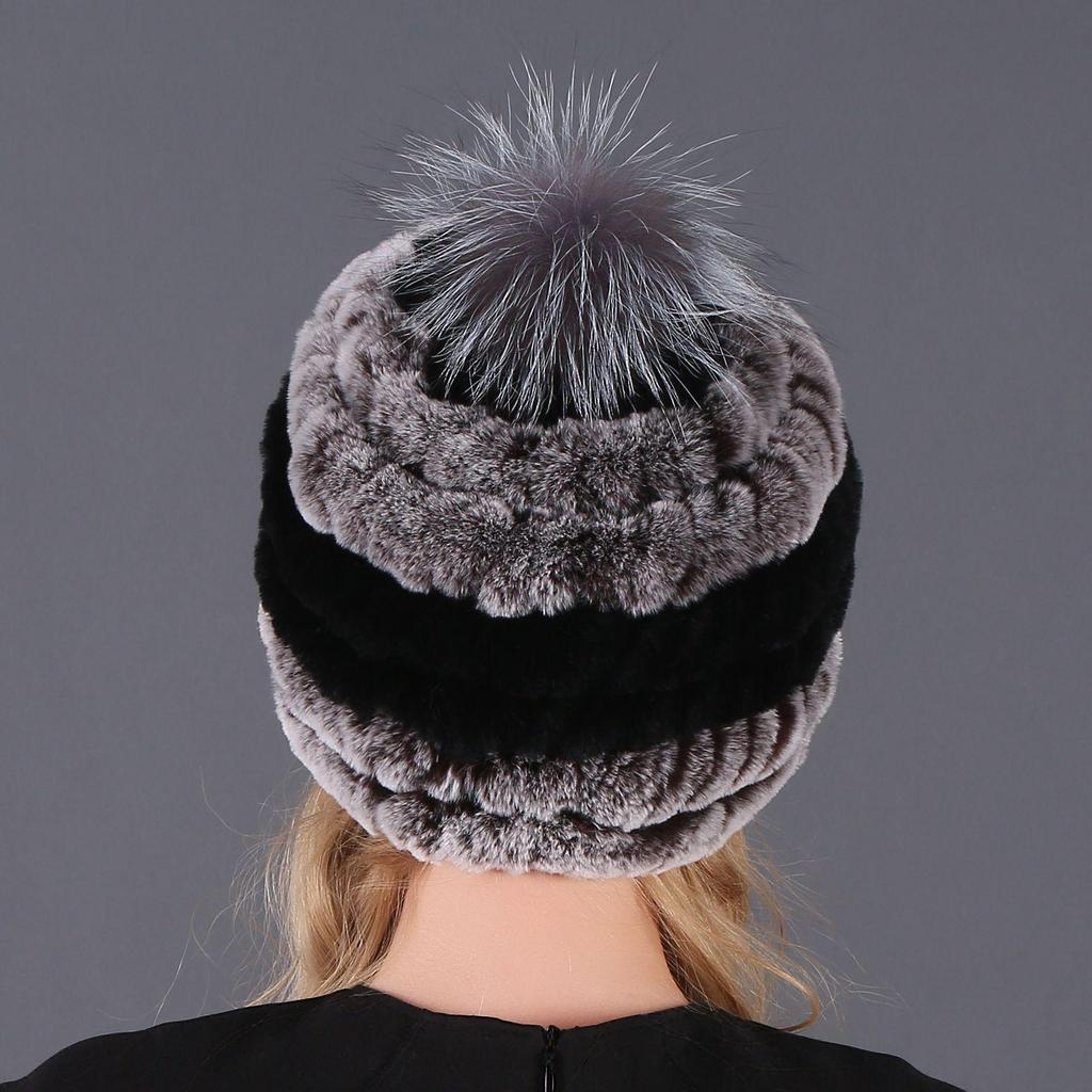 Women's Fur Hat with Rex Rabbit and Fox Fur Pompon for Autumn and Winter