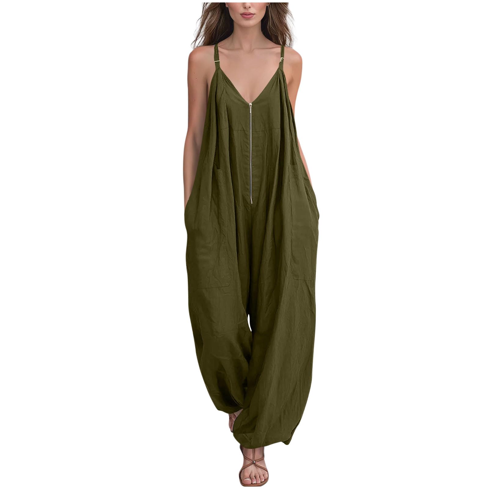 

Women s Fashion Zipper V-neck Adjustable Shoulder Width Loose Sleeveless Wide Leg Jumpsuit With Pocket L армия зеленый