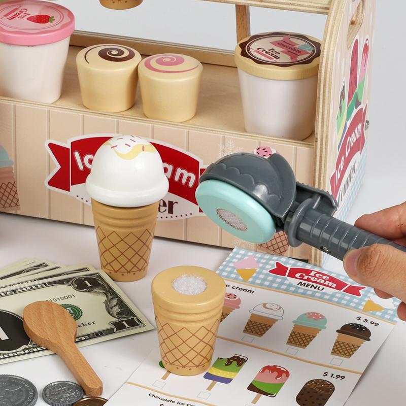Wooden Ice Cream Counter Playset - Includes Ice Cream Cones Ice Cream Scoop And Toppings Montessori Pretend Play Food Toys Kids
