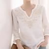 WTEMPO Spring Summer V-neck Embroidered Mixed Cotton Linen Shirts for Women White Seven Quarter Sleeve Loose Fitting Casual Tops
