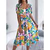 New Women's Floral Print Square Neck Dress, Short Sleeve A-Line Midi Dress with Ruffle Hem & Tie Waist for Spring Summer Casual Party & Daily Wear