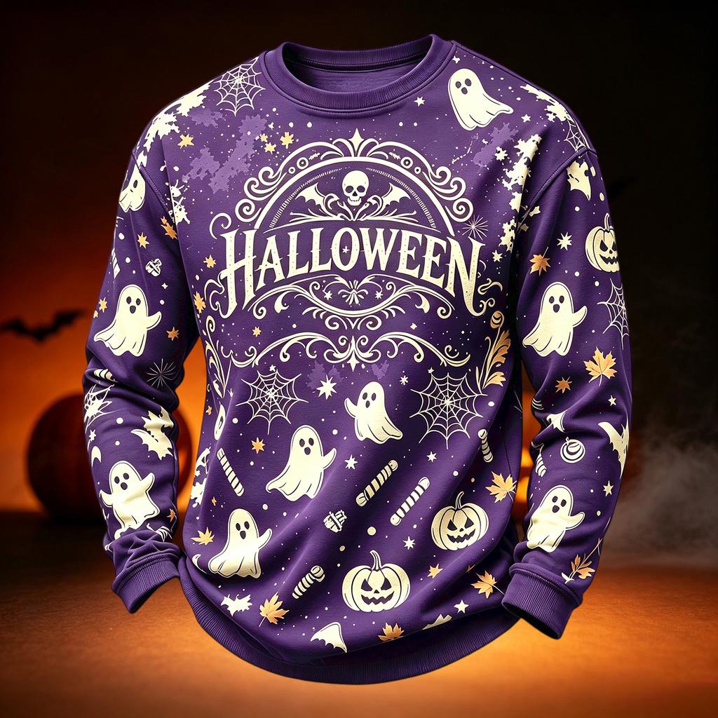 Men's Casual Round Neck Long Sleeve Top with Halloween Print