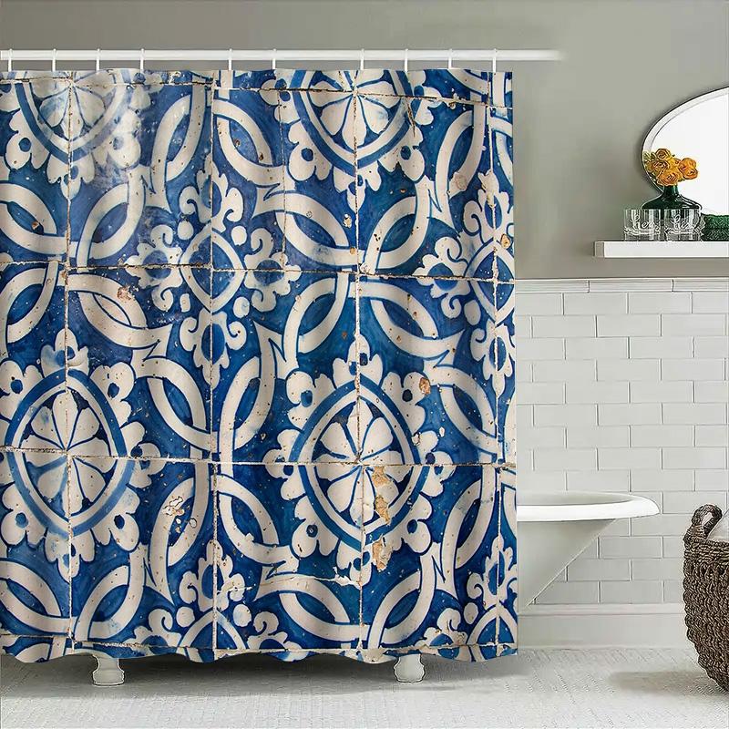 Blue Mediterranean Shower Curtain Coastal Ocean Wave Pattern Bathroom Decor Waterproof Fabric Liner