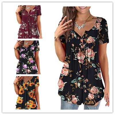 Women's 2025 Summer Floral Print Short-Sleeve Casual Henry Shirt