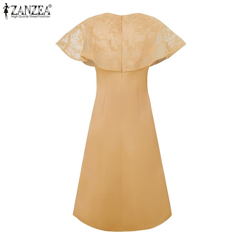 ZANZEA Elegant Women V Neck Short Sleeve Lace Patchwork Smooth A-line Dress Nonelastic