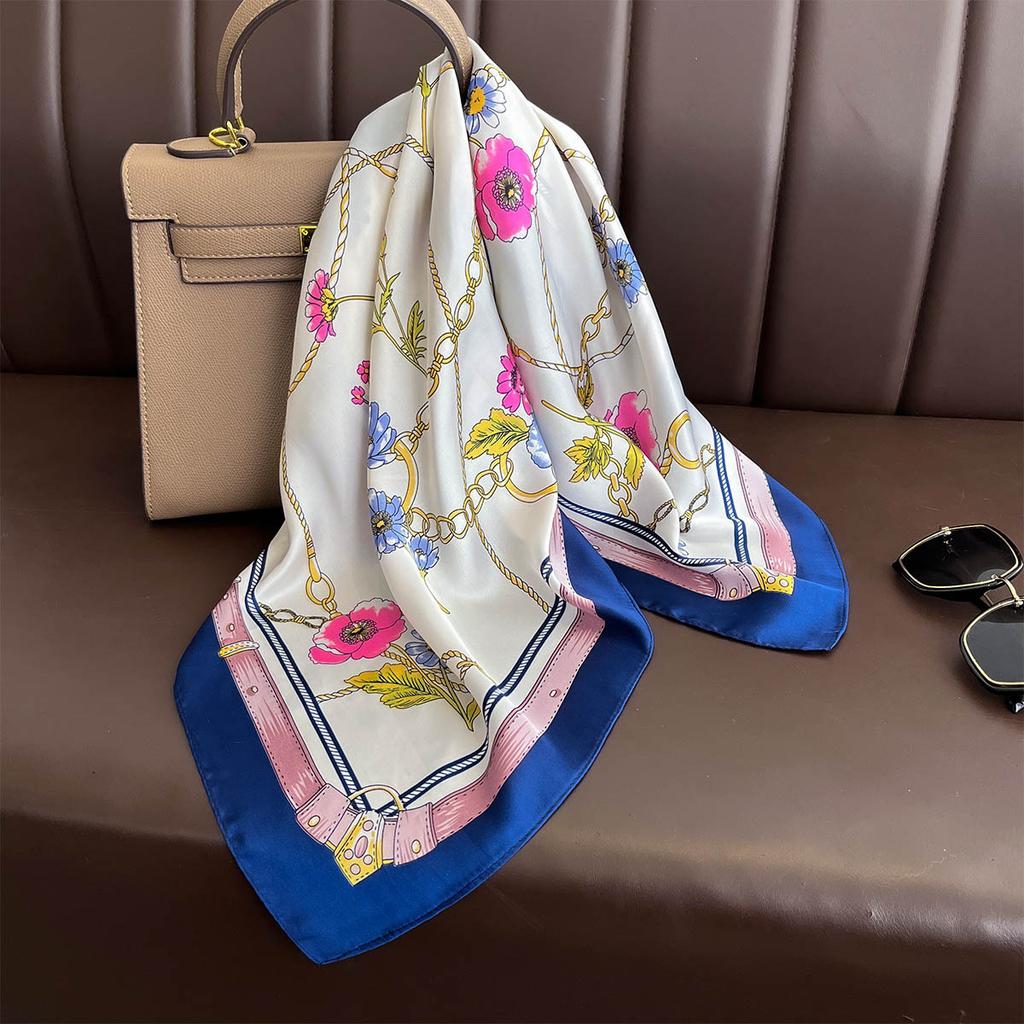 Luxury Chain Print Silk Scarf Women Square Hijab Summer Beach Shawls Neckerchief Neck Ties 70*70cm Foulard Kerchief Neck Scarves