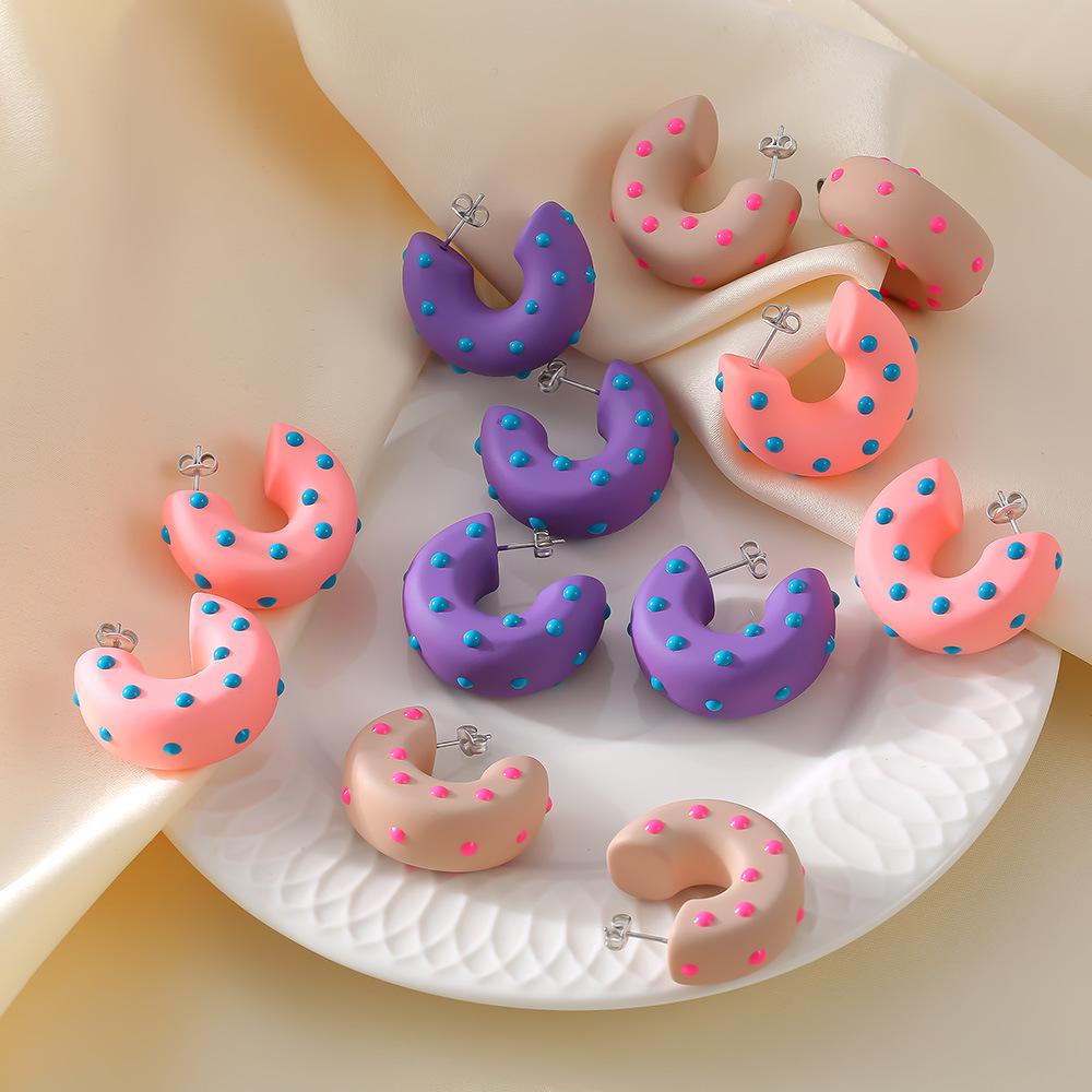 Eco-Friendly Resin Polka Dot C-Shaped Earrings - Trendy Pastoral Style with Stainless Steel, European & American Jewelry.