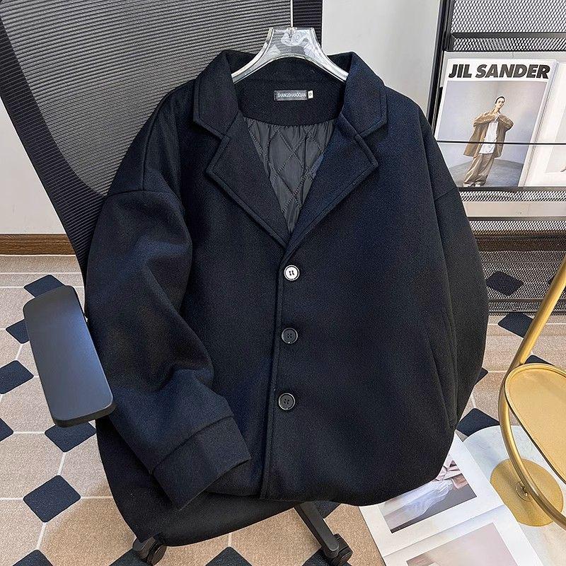 

Унисекс Пальто средней длины в стиле ретро из шерсти - Черное, на хлопковой подкладке, свободного кроя, в корейском стиле для осени/зимы S [Recommended for up to 50kg]