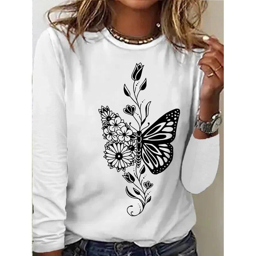 Women's 3d T-Shirt O-Neck Long Sleeve Butterfly Fashion Animal Print Large Casual Vintage Street Wear Oversized Female Clothing