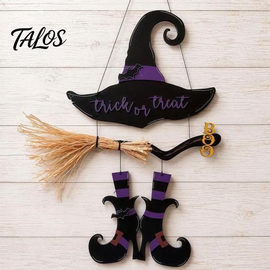 Rustic Halloween Sign Witch Hat Boot Sign, Hanging Trick or Treat Wall Decoration Decor for Home Room, Wooden Front Door Hanger Holiday Party, Or