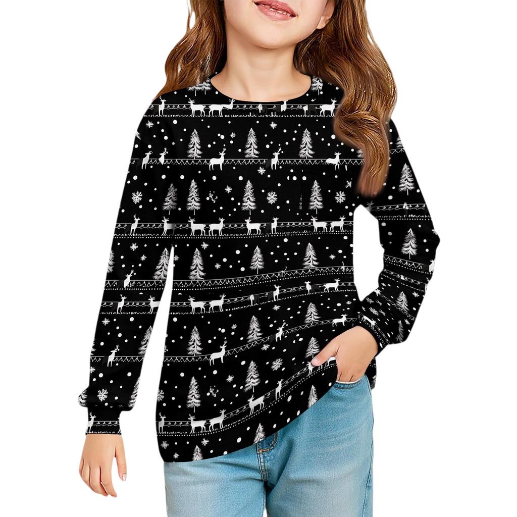 Christmas Day Girls' Long Sleeve Blouse - Round Neck Soft Waist Tunic