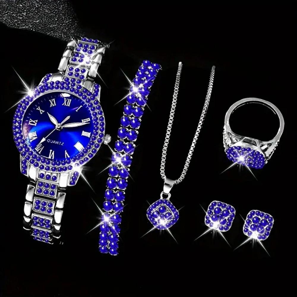 New Full Diamond Luxury Bracelet Watch Set, Women'S Quartz Watch, Exquisite Five-Piece Jewelry