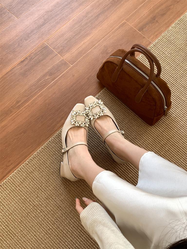 Grape mother spring new high heels women wear high-end rhinestone square buckle Mary Jane single shoes women's soft-soled women's shoes