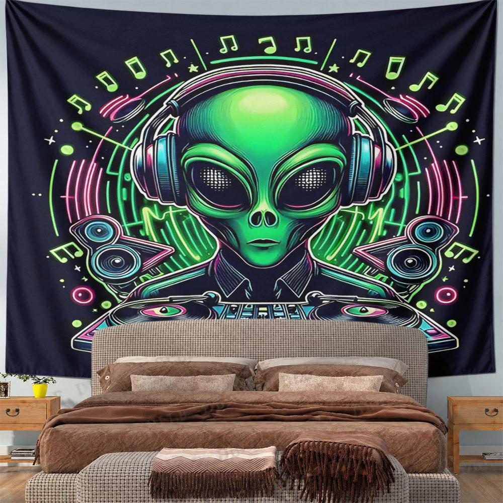 "Alien DJ with Headphones and Turntables" Pattern Wall Hanging Tapestry Decorative Tapestry Home Decor for Bedroom and Living Room
