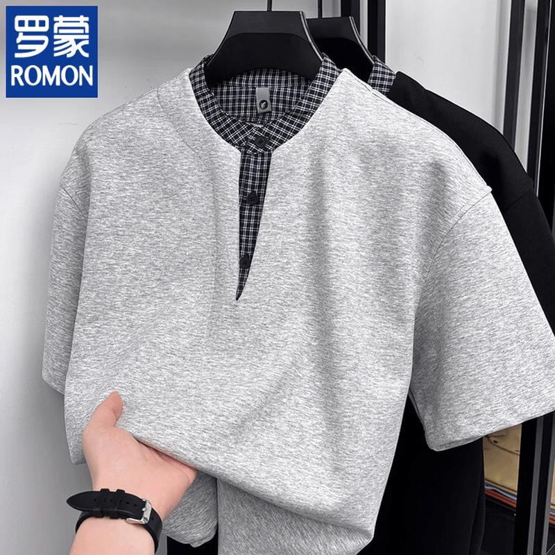 ROMON Men s Plaid Patchwork Short Sleeve T-Shirt 3XL