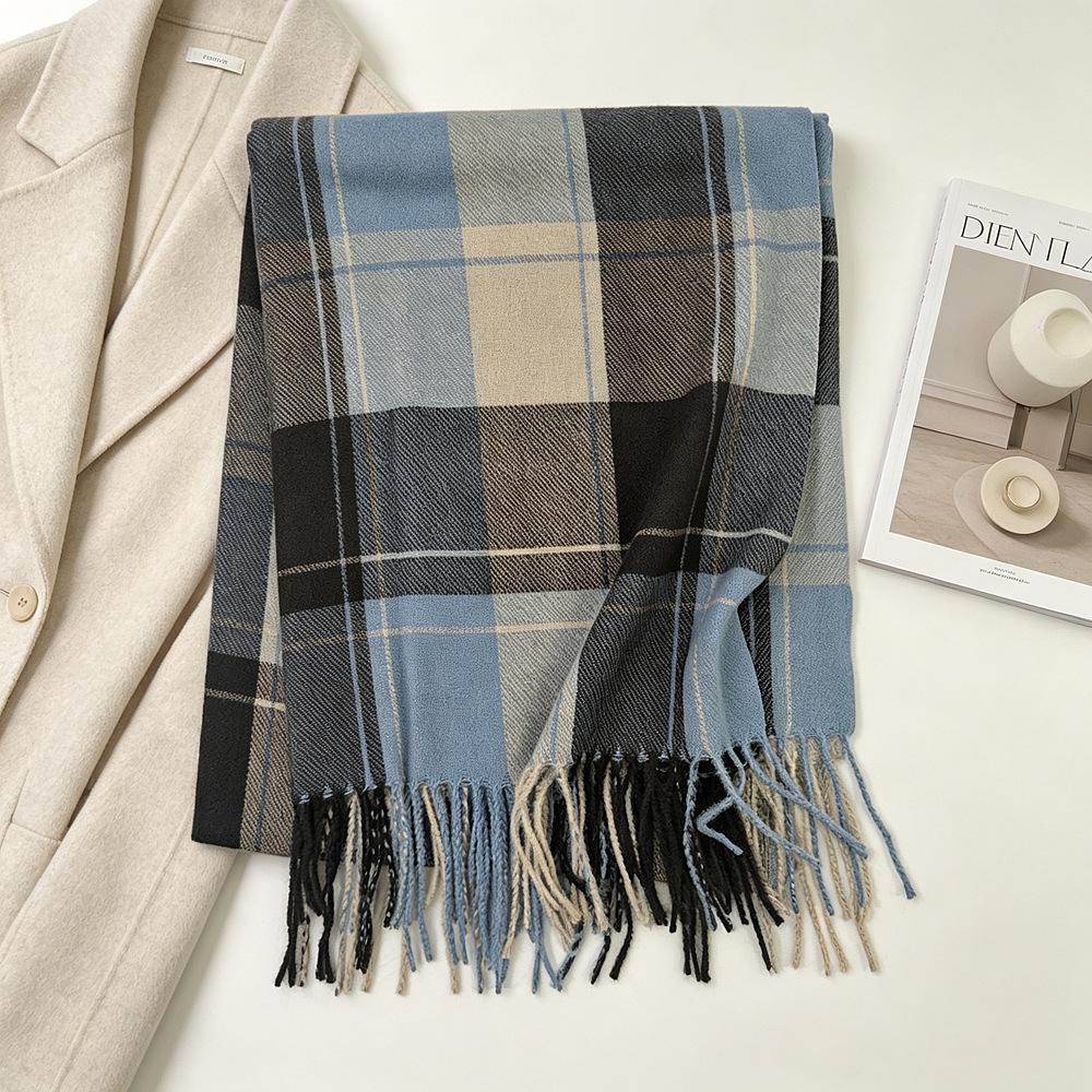 1116 new soft waxy blue and white plaid fringed scarf Korean warm autumn and winter thickened student high-end scarf
