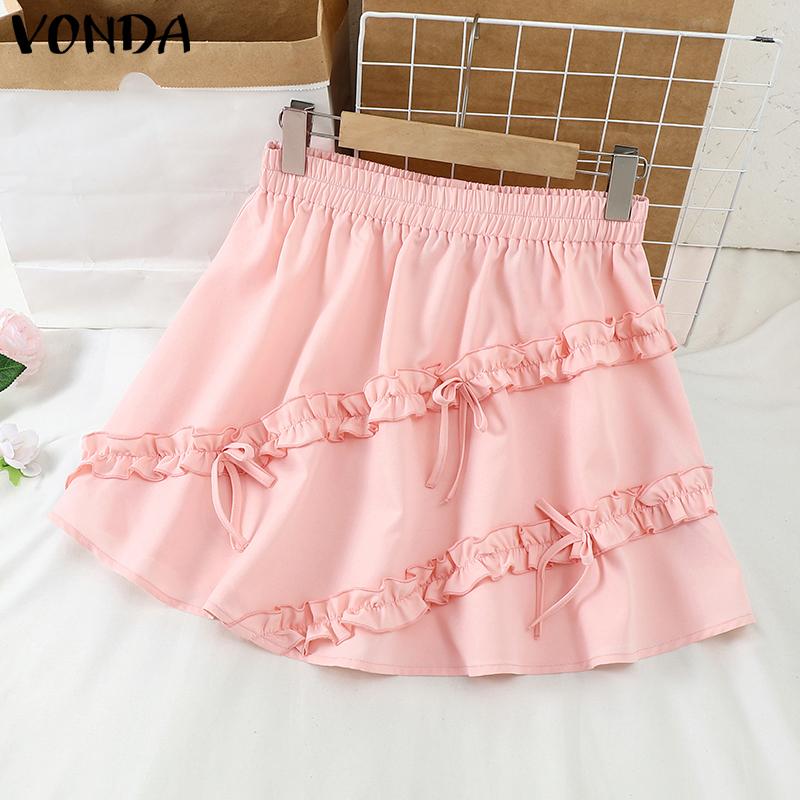 VONDA Women Casual Elastic Waist Solid Color Layered Ruffle Skirts