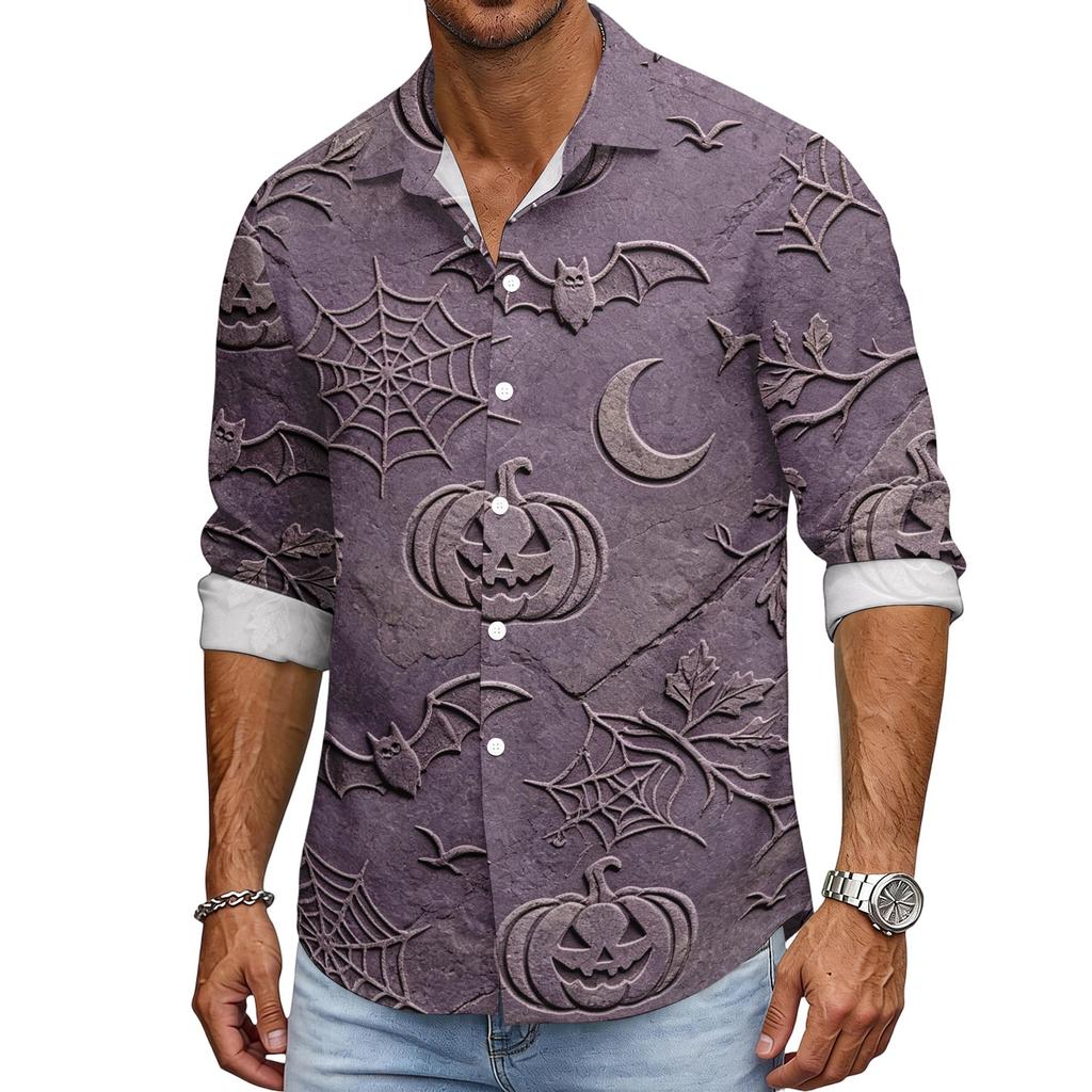 Men's Loose Fit Long Sleeve Shirt with Classic Collar Halloween Print Vintage Casual Button Down Shirt for Spring Autumn Daily Wear