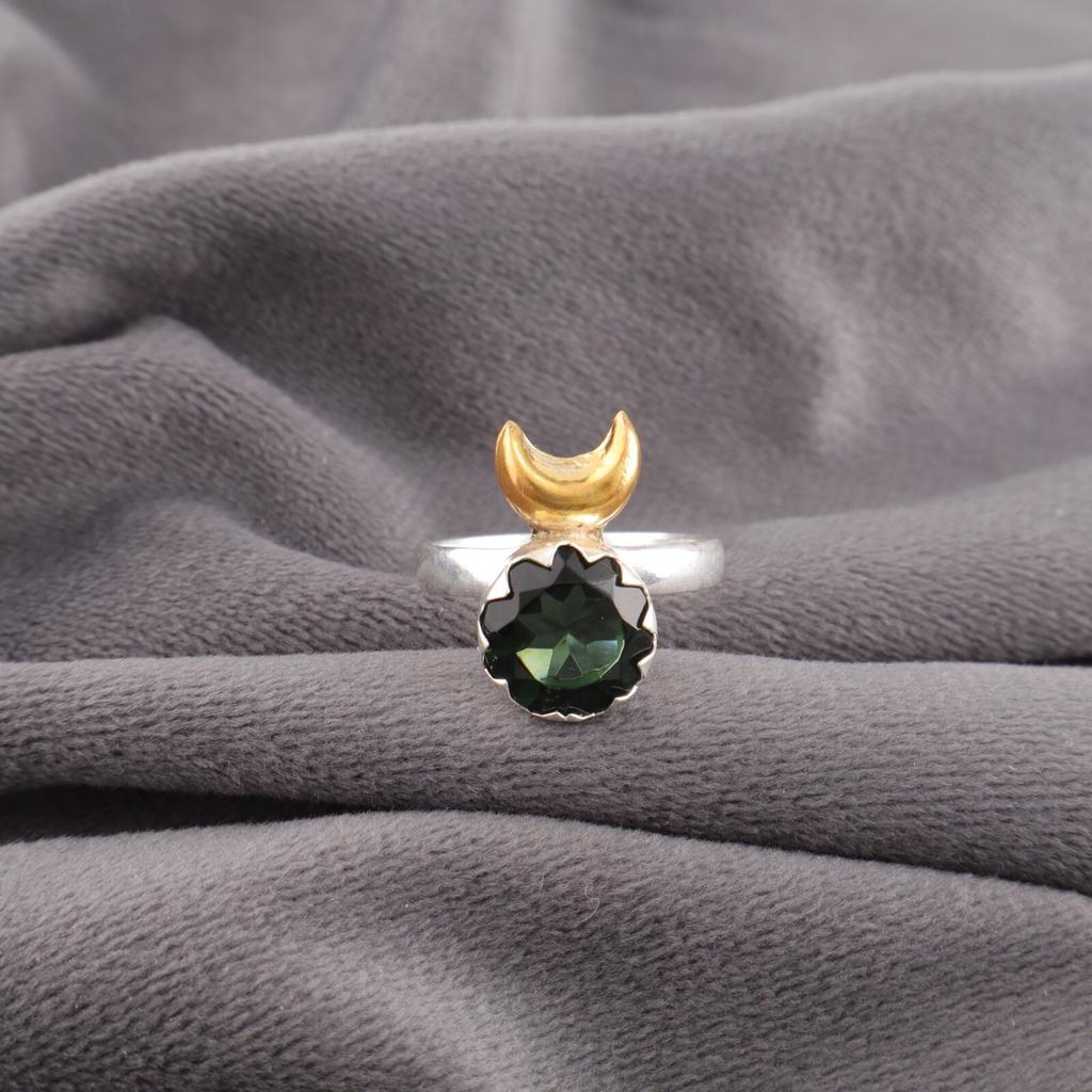 Green Tourmaline Gemstone 925 Sterling Silver Handmade Jewelry Round Shape Ring RR-58-10