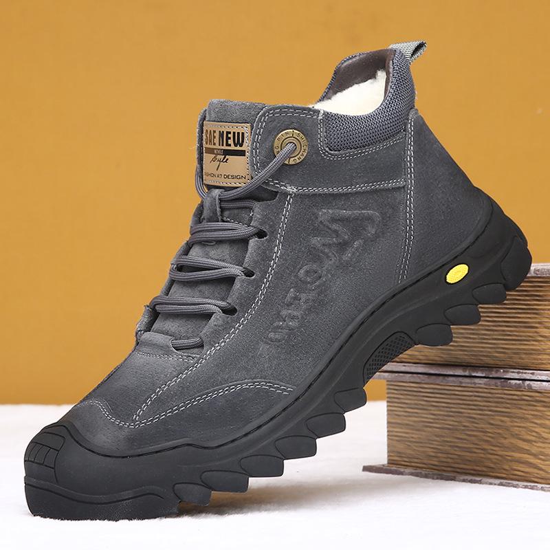 Vintersnøstøvler for menn: Ekte skinn, Tykk fløyel, Utendørs bomullssko med ullfôr for varme