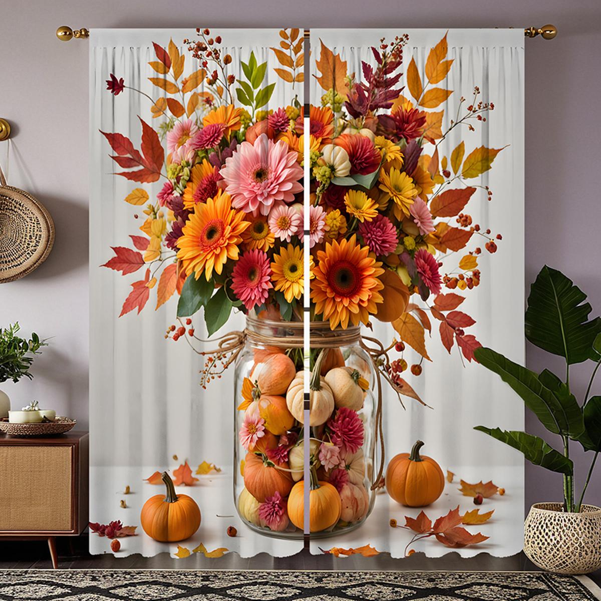 

2 шт. HD Праздник урожая Ромашки Тыквенные вазы украшения Декоративная занавеска Желтая завязка цифровая печать занавеска Домашний декор стиль W52H63inchW132H160cm