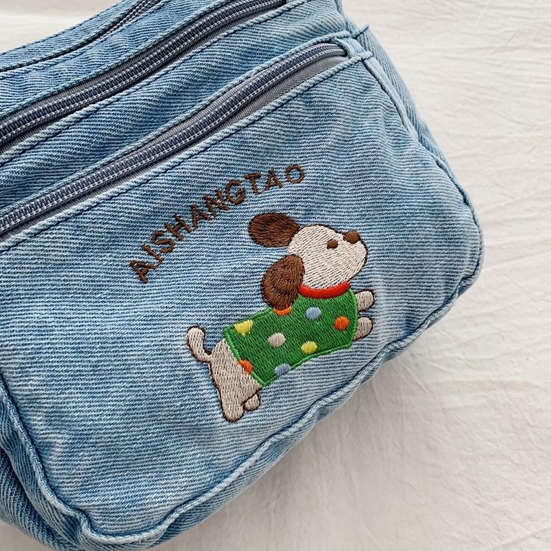 Cartoon Embroidered Denim Bag Women's Shoulder Crossbody Bag