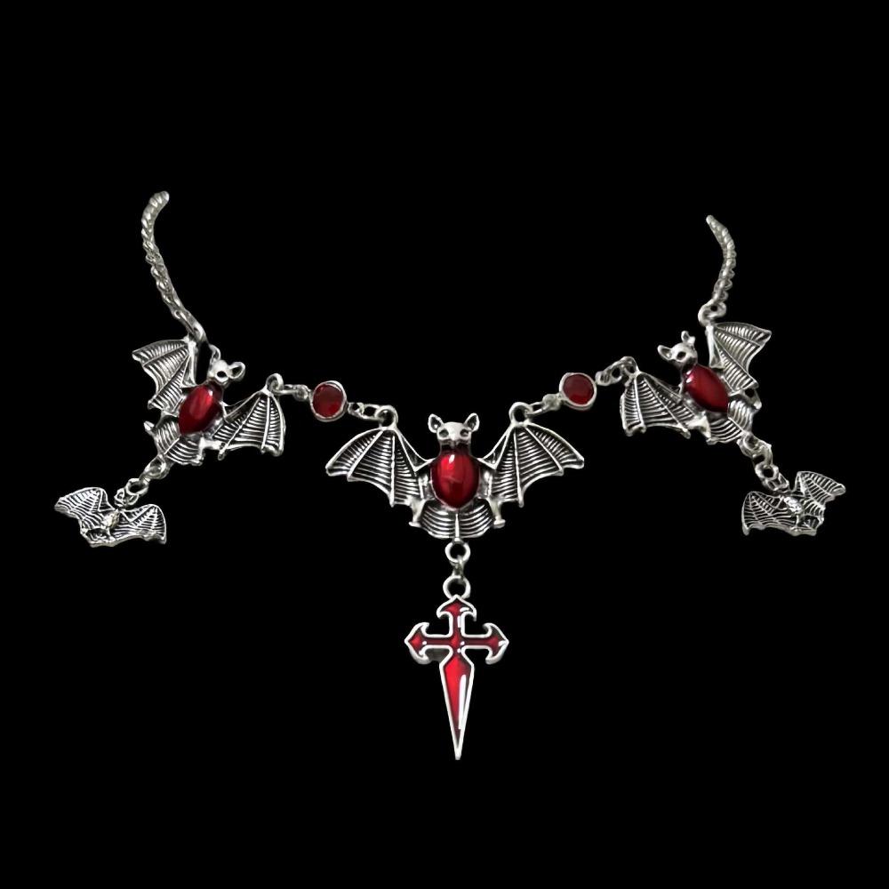 Retro Exaggerated Vampire Bat Cross Tassel Red Glazed Sacred Heart Pendant Necklace for Women Goth Halloween Party Charm Jewelry
