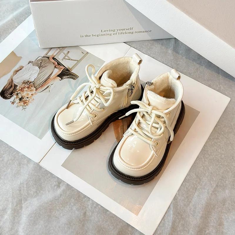 New Girl Winter Boots Solid Color Glossy Children's Snow Boot Causal Versatile Warm Kids Fashion Ankle Cotton Boots Side Zipper