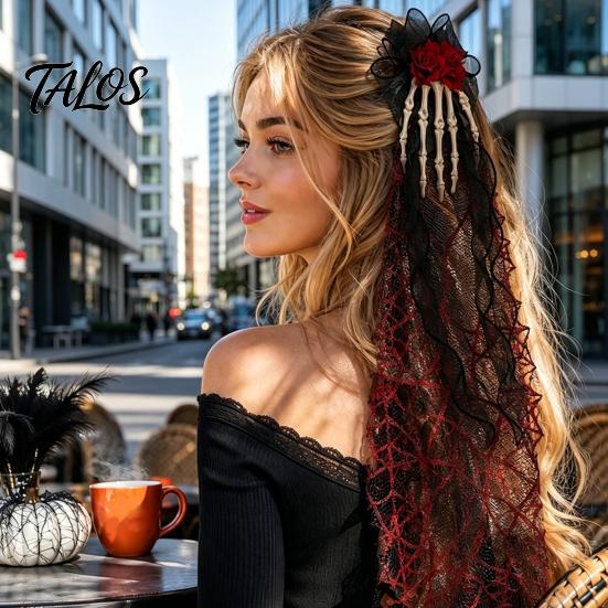 Ghost Claw Hair Accessory Gothic Skeleton Clip, Halloween Barrette with Rose, Unique Clip Black Lace Side for Women, Party Costume Retro Dark