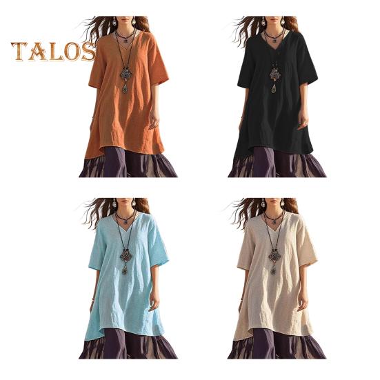Women's Boho Patchwork Loose Dress Casual V-Neck Short Sleeve Swing Dress Summer Beach Vacation Sundress